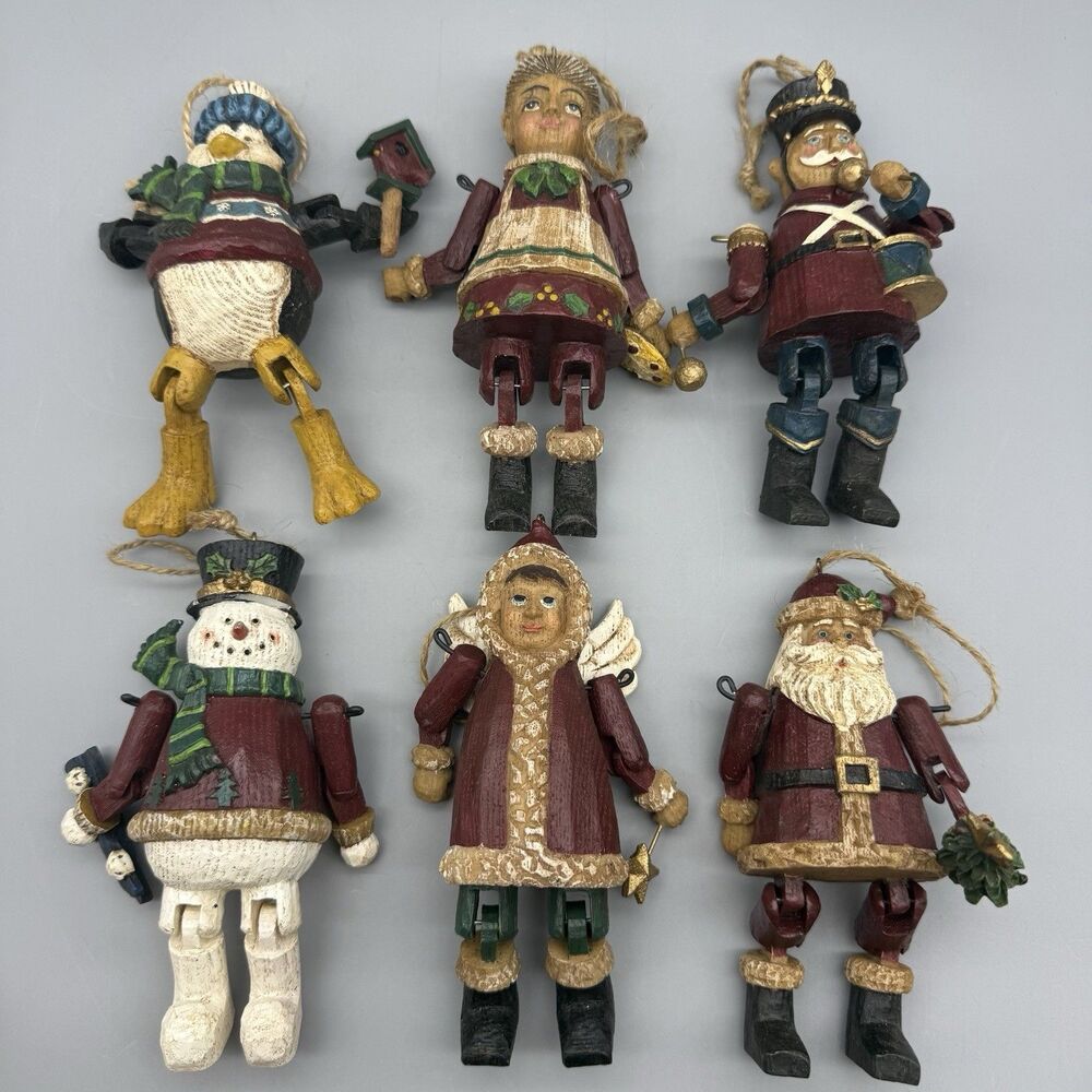 Lot Of 6 Woodlook Jointed Christmas Ornaments 5.5” Tall